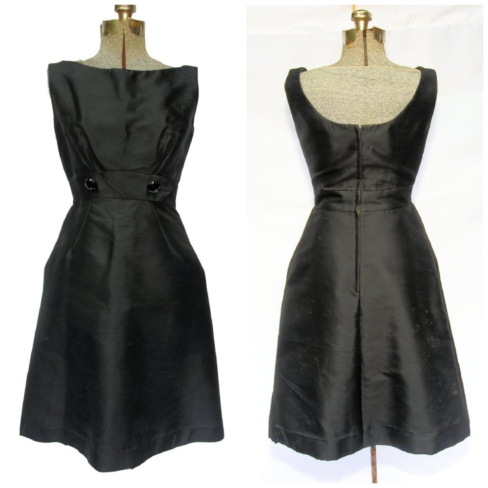 VTG 50's 60's Five-Thirty PM Black Shantung Fit Flare Dress Party Cocktail S/M